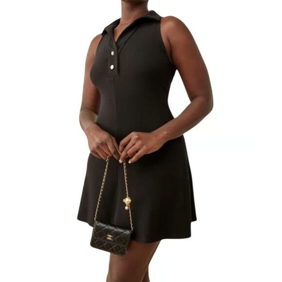 Reformation Pete Ribbed Knit Sleeveless Collared Mini Dress Black Womens Size M - Picture 2 of 7